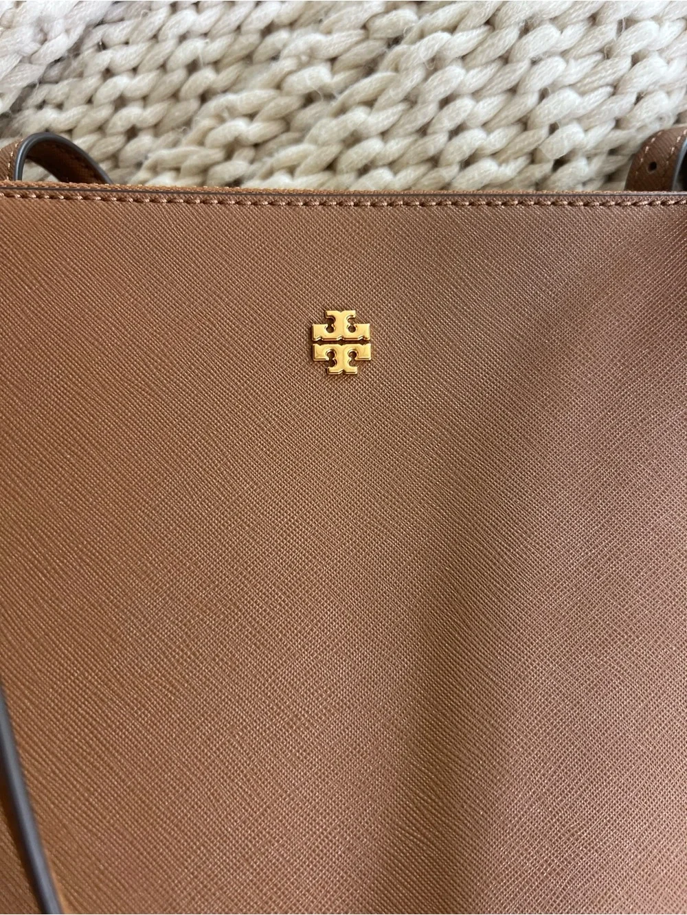 Tory Burch Cognac Saffiano Leather Tote with Gold Logo